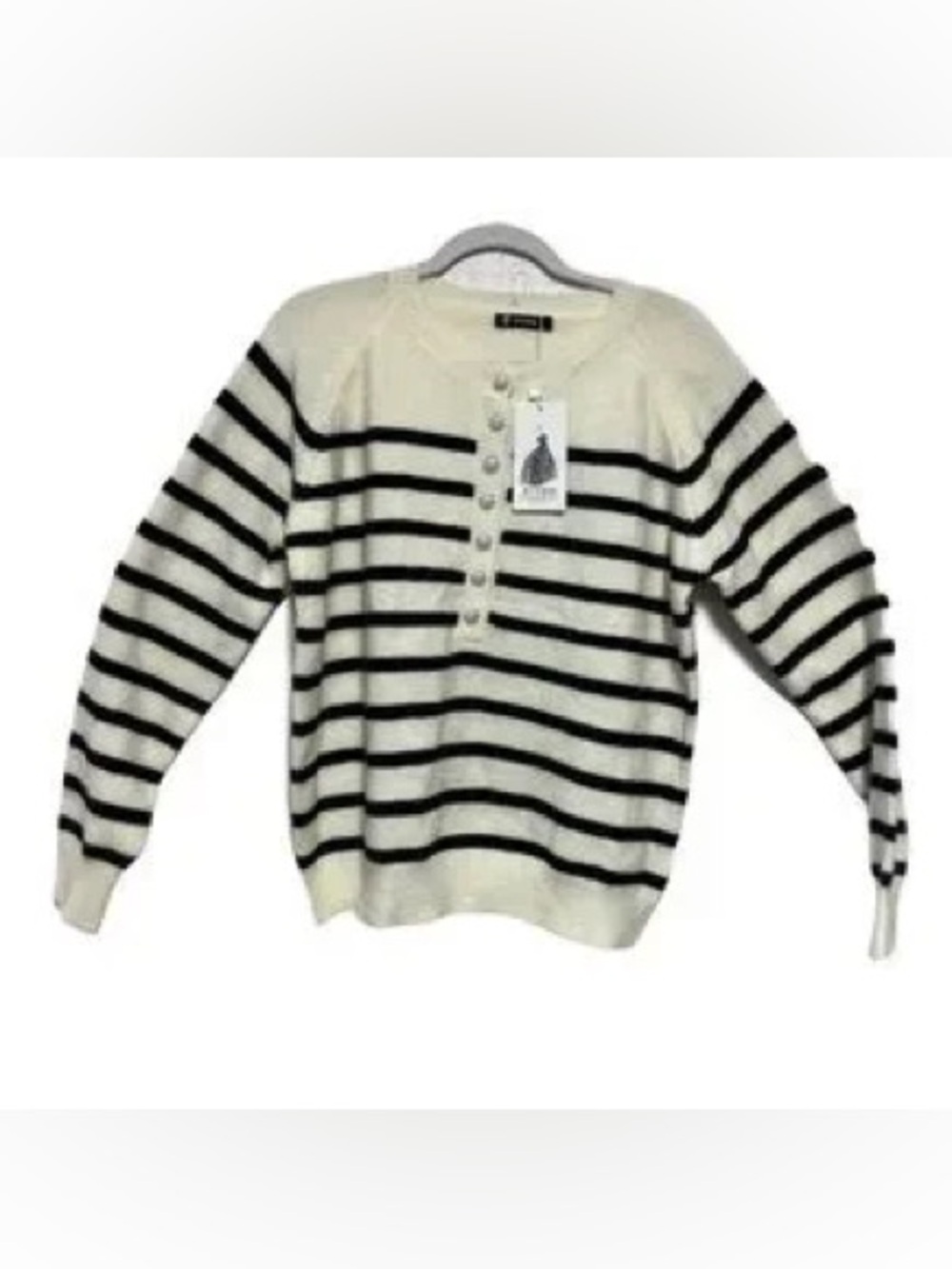 BTFBM Cream and Black Striped Women's Shiny Partial Button Front Sweater